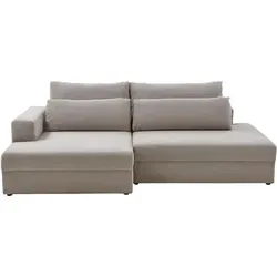Iwaniccy Ecksofa SPLASH, Greige, Ausziehbar mit Bettkasten - Sofa mit manuell verstellbarer Liegefläche, ideal für Gäste. Gepolstert und mit 4 Rückenkissen für optimalen Komfort. Perfekt für kleine Wohnräume.
