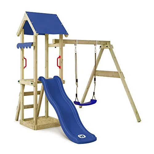 Wickey Spielturm TinyWave - Klettergerüst für Kleinkinder - Schaukeln und Klettern für kleine Abenteurer! Mit Wellenrutsche, Schaukel und integriertem Sandkasten – 10 Jahre Garantie auf Holzelemente.