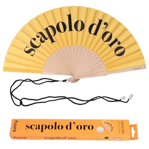 Fisura – Holzfächer mit der Aufschrift "Scapolo d’oro“. Elegantes Accessoire für Hochzeiten, tragbarer Handventilator mit stilvollem Design und Aufhänger. Maße: 42,5 x 23 cm
