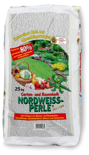 Nordweiss-Perle Garten- und Rasenkalk 25 kg - Hochwertiger Dünger zur Verbesserung des Bodens, fördert ein gesundes Wachstum von Pflanzen und Rasenflächen.
