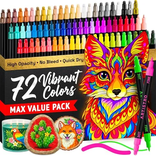 Artistro 72 Acrylstifte für Stein, Stoff, Holz, Glas, Basteln, Dekoration – Dual Tip (Dot & Fein) Acrylmarker für Teenager, Enkelkinder und Kinder – Bastel- & Kunstbedarf Set – Tolles Geschenk