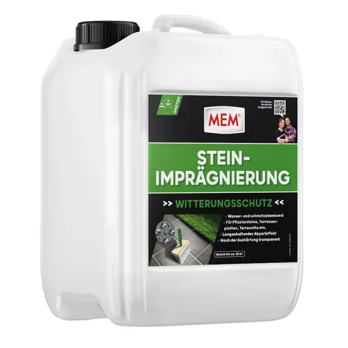MEM Stein-Imprägnierung 5 l - Wasser- und schmutzabweisend - Schutz für Steinoberflächen mit hohem Abperleffekt. Lösemittelfreies Konzentrat für eine einfache Anwendung auf verschiedenen Untergründen.