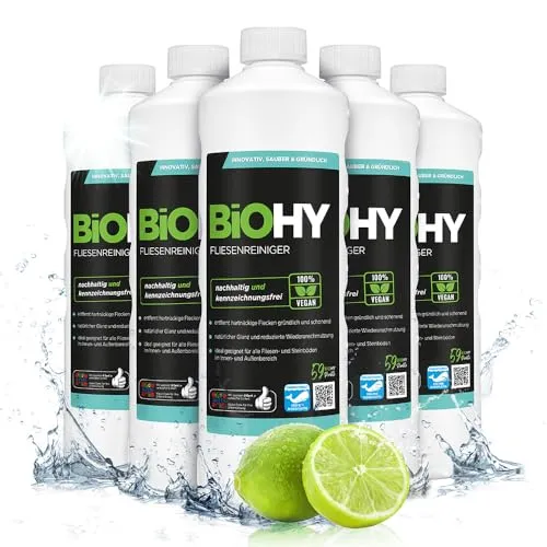 BiOHY Fliesenreiniger (6x1l Flasche) | Effektive Reinigung für Stein- & Fliesenböden - Der BiOHY Fliesenreiniger sorgt für strahlende Sauberkeit auf Fliesen und Steinböden. Er entfernt mühelos Schmutz und hinterlässt eine schmutzabweisende Glanzschicht – ideal für Bad, WC und Wohnräume.
