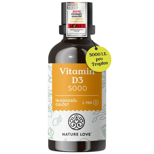 NATURE LOVE® Vitamin D3 5000 - Hochdosierte Tropfen in MCT-Öl - Hochwertige Vitamin D3 Tropfen mit 5.000 I.E. pro Tropfen, gelöst in stabilen MCT-Öl aus Kokos. Ideal für die tägliche Unterstützung deines Wohlbefindens. Gluten- und laktosefrei, ohne Gentechnik.
