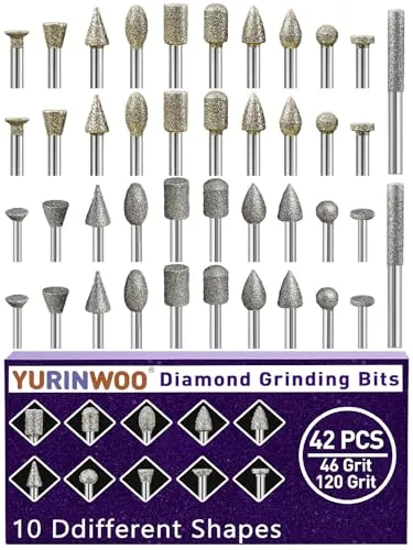 Diamant Fräser Set 42 Stück, Körnung 46&120 Diamant Frässtifte Schleifstifte Kompatibel mit Dremel Rotary Tool mit 1/8" Schaft Passform für Stein Glas Keramik Schnitzen,Schleifen,Polieren,Gravieren