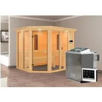 Karibu Infrarotkabine Anka mit Bio-Ofen und LED-Dachkranz - Massivholzsaunen & Elementsaunen, inkl. 9 kW Bio-Kombi-Ofen und zwei IR-Vitalightstrahlern für optimale Wärme und Entspannung zu Hause.
