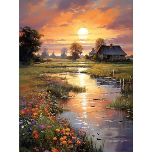 Fountor Sonnenuntergang Diamond Painting Erwachsene, DIY 5d Diamond Painting Bilder Landschaft 30x40cm, Landscape Round Full Drill Diamond Art Craft Kit für Home Wall Decor Geschenk