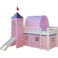 Homestyle4u Hochbett 90x200 mit Rutsche und Rosa Vorhang - Betten für Kinderzimmer: Hochbett mit Sicherheitsumrandung und abnehmbarem Vorhang für Spiel und Spaß, ideal für mehr Platz und kreative Gestaltung.