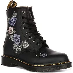Schnürboots DR. MARTENS "Vonda" - Modische Damenstiefel in Schwarz-Lila - Wanderschuhe im modischen Design mit floralem Muster, aus Lederimitat und mit Air Cushion Technologie für optimalen Tragekomfort. Perfekt für Festivals und den Alltag.