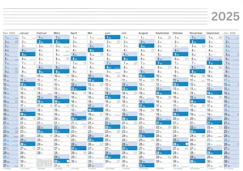 Wandkalender 2025 DIN A1 Jahresplaner mit 14 Monaten, 841x554 mm, 135g/m² - matt, Wandplaner mit blaues Kalendarium, deutschsprachig, gefaltet