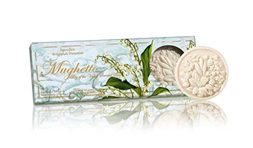 Saponificio Artigianale Fiorentino Mughetto, Geschenkbox mit italienischer Seife mit dem Duft von Maiglöckchen, runde Seifen mit Blumenmotiv, 3 x 4,40 oz. von Saponificio Artigianale Fiorentino