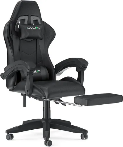Bigzzia Ergonomischer Gaming Stuhl mit Fußstütze - Höhenverstellbar & Lendenkissen - Schwarz - Ergonomischer Komfort für lange Gaming-Sessions: Ausziehbare Fußablage, höhenverstellbar und leicht zu reinigen. Ideal für entspanntes Sitzen im Homeoffice oder beim Spielen.