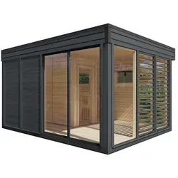 Wolff Finnhaus Saunahaus Paradiso 4x3 - Modernes 2-Raum Saunahaus in Anthrazit - Saunen: Genießen Sie individuelles Saunavergnügen mit dem anpassbaren Design und hochwertigen Materialien für entspannende Momente.