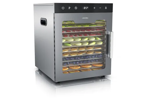 Arendo Dörrautomat Edelstahl 800 W mit Temperaturregler - Der Arendo Dörrautomat bietet 12 Etagen für schonendes Trocknen von Obst, Fisch und Fleisch. Mit einstellbarer Temperatur von 30° bis 90°C und Timer von 0,5-24 Stunden genießen Sie gesunde Snacks einfach und effizient.