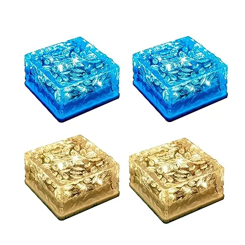 LQWELL® Solar Brick Light Solarlicht Deko Außen, Solar Glas Pflastersteine, Solarlampen Wegbeleuchtung Würfel Licht Eissteinleuchte, Wasserdicht (Warmweiß & Blau)
