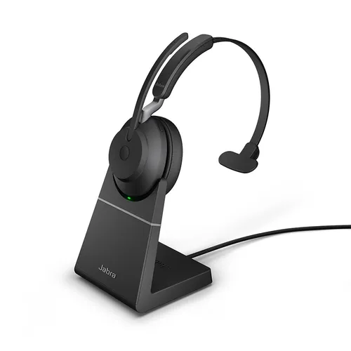 Jabra Evolve2 65 Wireless PC Headset – Noise Cancelling Mono Headphones mit Charging Stand - Headset mit Bluetooth 5.0 und 3 Mikrofonen für exzellente Sprachqualität. Genießen Sie bis zu 37 Stunden Akkulaufzeit und ein praktisches Busylight für ungestörte Gespräche.