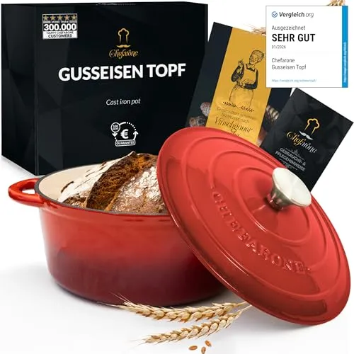 Gusseisen Topf 26 cm - Emaillierter Schmortopf für Induktion - Kasserolle für Brotbacken, Braten und Schmoren – ideal für jede Herdart, hitzebeständig bis 300°C, pflegeleicht und robust dank hochwertiger Emaillebeschichtung.