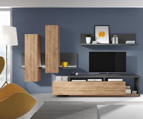 Moderne Wohnwand Eiche Ribbeck Nb. mit LED Beleuchtung - Elegante Wohnwand in Eiche mit anthrazitfarbenen Akzenten. Breite: 300 cm, Höhe: 200 cm. Ideal für ein stilvolles Wohnzimmer. Lieferung erfolgt mit 2-Mann-Handling.