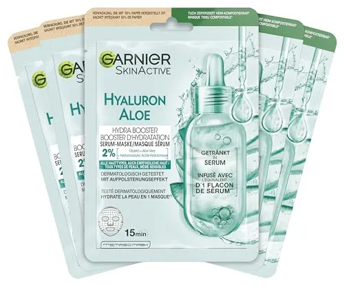 Garnier Serum-Tuchmaskenset Aloe Vera für alle Hauttypen, Erfrischend und feuchtigkeitsspendend, Mit Hyaluronsäure, Aloe Vera und Glycerin, SkinActive, Aloe Hydra Booster Serum-Tuchmaske, 5x 28g