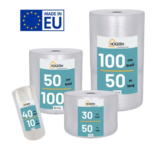 HOGSTEN Schutzfolie Luftpolsterfolie Rolle 50 m Verpackung und Umzug 100% recycelbar, (Polstermaterial Verpackungsmaterial 50my), Noppenfolie für Versand Bubble Wrap