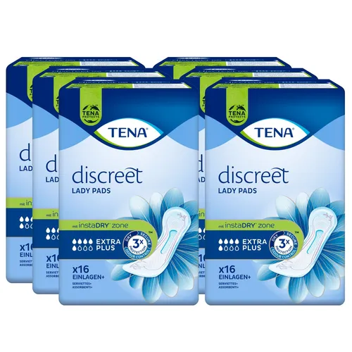 TENA Lady Discreet Extra Plus Sparpaket (6 x 16 Stück) - Inkontinenzeinlagen für maximale Bewegungsfreiheit, atmungsaktiv und mit innovativer InstaDRY Technologie für sicheren Schutz und angenehmes Tragegefühl.