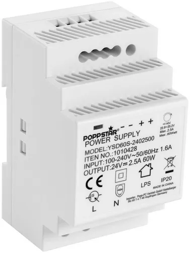 Poppstar Hutschienen-Netzteil 24V 60W - Netzteile für DIN-Rail, ideal für Verteilerkästen und Industrie-Automation, mit hohem Wirkungsgrad und umfassendem Schutz gegen Überlast und Kurzschluss.