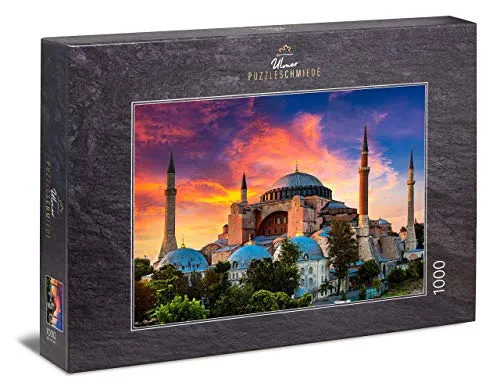 Ulmer Puzzleschmiede - Puzzle Istanbul - klassisches 1000 Teile Puzzle - Puzzlemotiv der Hagia Sophia vor leuchtendem Abendhimmel, Istanbul, Türkei