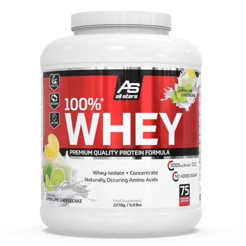 All Stars 100% WHEY PROTEIN 2270g - Lemon-Lime-Cheesecake - Molkenproteine mit hochwertigem Whey-Konzentrat & Isolat, ideal für schnelle Proteinaufnahme und leckeren Geschmack bei nur 115 kcal pro Shake.