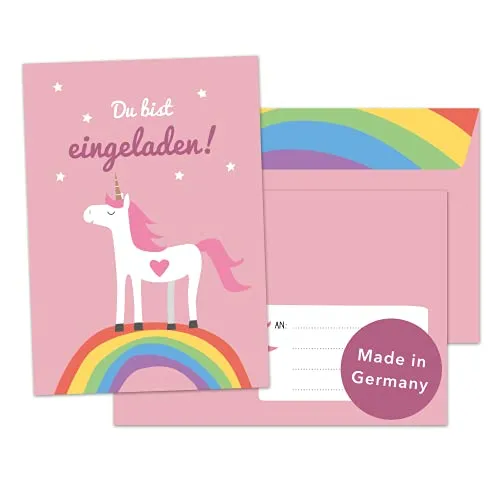 Decento® Einladung Geburtstag Einhorn - 8 Karten mit Umschlag für Mädchen - Kindergeburtstag niedlich mit Regenbogen - Einladungskarten für Kinder zum Ausfüllen und Beschriften