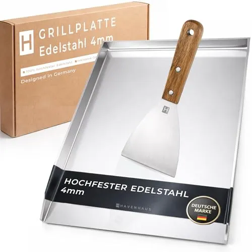 Havenhaus Plancha Grillplatte Edelstahl 40x30cm – 100% verzugsfrei - Robuste 4mm Plancha Grillplatte aus hochwertigem Edelstahl für Gas- und Holzkohlegrills. Inklusive edlem Grillspachtel, ideal für müheloses Grillen und perfekten Genuss. Perfekt für Grillliebhaber!