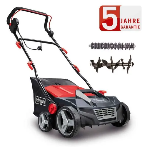 Scheppach Elektro Vertikutierer SC38 | 1600W Leistung - Vertikutierer mit 38 cm Schnittbreite und 45L Fangbox, ideal zur effektiven Moosentfernung. Verstellbare Arbeitshöhe von -12 bis +6 mm für optimale Rasenpflege.