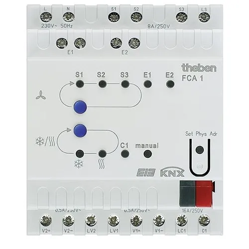 Theben FCA 1 KNX Fan-Coil Aktor - Effiziente Steuerung für Ihr Heizsystem - Systemgerät zur intelligenten Steuerung von Fan-Coil-Anlagen in 2-Rohr- und 4-Rohr-Systemen, ideal für präzise Temperaturregelung und bis zu drei Lüfterstufen.