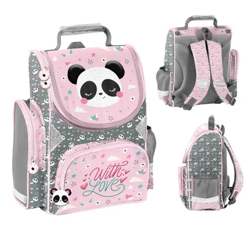 PASO Schulranzen für Mädchen Panda Rosa - Ergonomischer Schulranzen für Mädchen mit großem Hauptfach, praktischen Taschen und reflektierenden Elementen für mehr Sicherheit im Straßenverkehr.