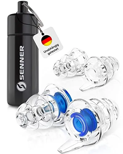 Senner MusicPro - Gehörschutz Ohrstöpsel Konzert, Festival, Musik und Party - Gehörschutz für Musiker, mit Schlüsselanhänger - Hi-Fi Gehörschutzstöpsel Earplugs | SNR 20 dB, transparent/blau