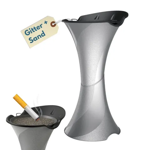 Eleganter Standaschenbecher für Draußen - Silber/Schwarz - Hochwertiger Standaschenbecher aus UV-beständigem Kunststoff, ideal für öffentliche Plätze. Mit sicherem Stand und einfacher Handhabung für eine saubere Umgebung.