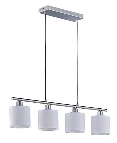 Reality Leuchten Tommy R30334001 Pendelleuchte - Moderne 4-flammige Pendelleuchte in Nickel Matt mit eleganten weißen Stoffschirmen, stufenlos höhenverstellbar bis 150cm, ideal für stilvolle Wohnräume.
