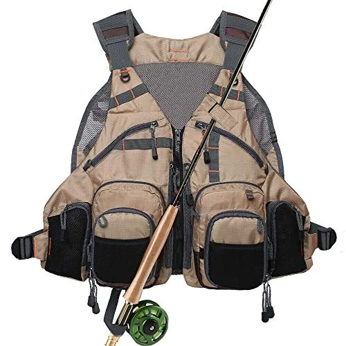 Kylebooker Fliegenfischen Weste Angelweste Einstellbare Größe Maschen Mutil-Taschen Jacke (khaki)
