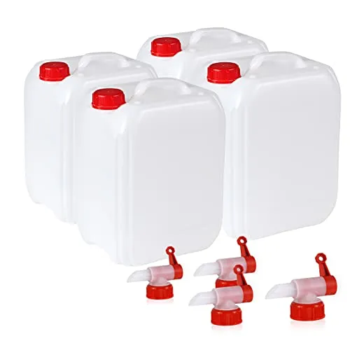 4x5L Kanister Set für Camping - Camping-Zubehör: Ideal für den Transport von Lebensmitteln, Trinkwasser und Chemikalien. Bruchfest, UN-zugelassen und BPA-frei – inklusive Ablasshahn und Schraubverschluss.