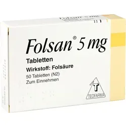 Folsan 5mg - Folsäure Tabletten - Arzneimittel zur Therapie von Folsäuremangel und zur Vorbeugung von Neuralrohrdefekten bei Schwangeren, unterstützt die Gesundheit von Mutter und Kind.