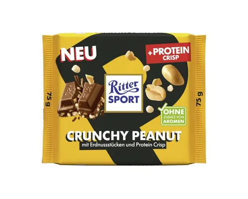 Ritter SPORT Crunchy Peanut & Protein Crisps 75g - Leckere Sportriegel mit knusprigen Erdnüssen und Proteincrisps. Ideal für den Snack zwischendurch, energiefördernd und geschmackvoll.