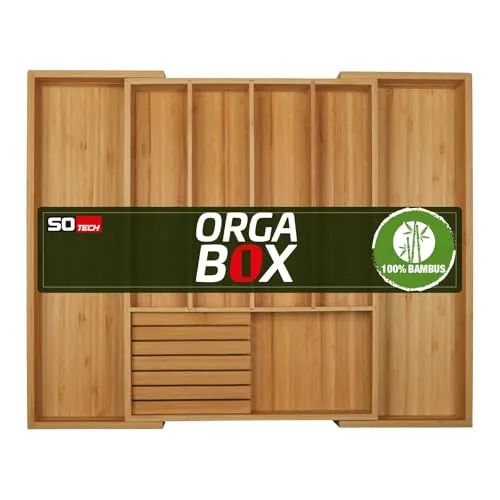 Orga-Box UNIVERSAL Besteckkasten aus Bambus, verstellbar für Schrankbreite 500-600 mm - Besteckeinsatz aus nachhaltigem Bambus, verstellbar für 5 bis 7 Fächer und ideal für eine ordentliche Küchenschublade.