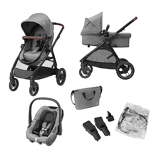 Maxi-Cosi Zelia S Trio Kinderwagen 3 in 1 - Kompaktes 3-in-1 Travelsystem für Kinder von 0-4 Jahren, inklusive CabrioFix S i-Size Babyschale und Wickeltasche. Ideal für komfortable Spazierfahrten und einfach zusammenklappbar.