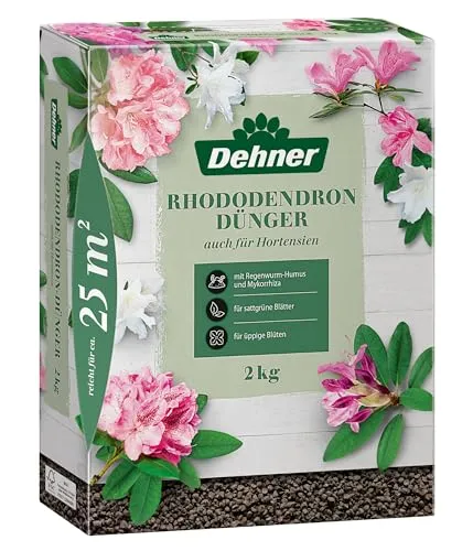 Dehner Rhododendrondünger 2 kg für üppige Blüten - Hochwertiger organisch-mineralischer Dünger für Rhododendron, Hortensien und Azaleen. Mit Sofort- und Langzeitwirkung für kräftiges Pflanzenwachstum und bunte Blütenpracht auf ca. 25 qm.