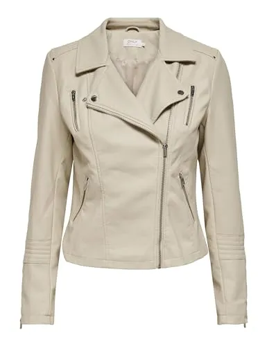 ONLY Damen Biker Kunstleder Jacke ONLGEMMA - Funktionsjacken, ideal für den Übergang zwischen den Jahreszeiten mit asymmetrischem Reißverschluss und umweltfreundlichem Futter aus 100% recyceltem Polyester.