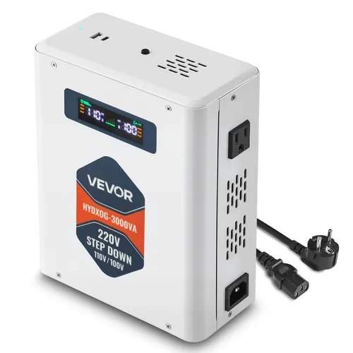 VEVOR Abwärtsspannungswandler 3000 VA - Hochleistungs-Konverter von 220 V auf 110 V, ideal für den Einsatz mit 110-V-Geräten. Ausgestattet mit 2 US-Steckdosen, USB-Ausgang und LCD-Display für einfache Handhabung und Echtzeitüberwachung.