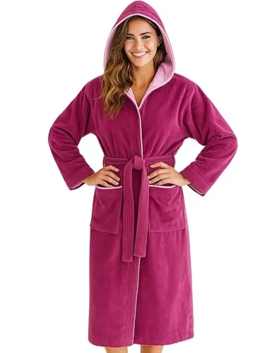 Morgenstern Bademantel Damen mit Kapuze 100% Baumwolle Frottee OEKO-TEX® Morgenmantel Leonie Fuchsia Größe L