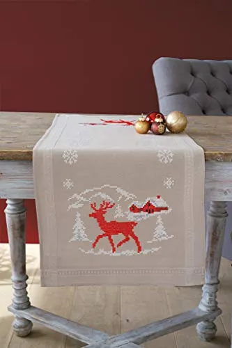 Vervaco Stickpackung Kreuzstich Set Vorgedruckt Tischläufer Norwegischer WInter Stickdecken Vorgezeichnet Basteln Erwachsene Kreativ Stickläufer zum Selbersticken 40 x 100 cm Stickset