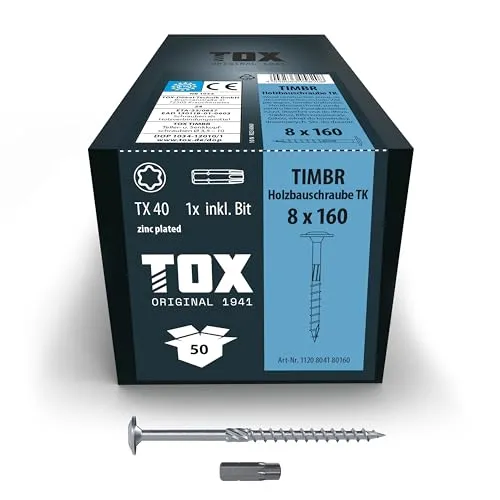 TOX Holzbauschrauben TIMBR TK 8,0 x 160 mm - Holzschrauben für stabile Verbindungen, mit Tellerkopf für hohe Tragfähigkeit und inklusive passendem TX40 Bit – ideal für professionelle Holzkonstruktionen.