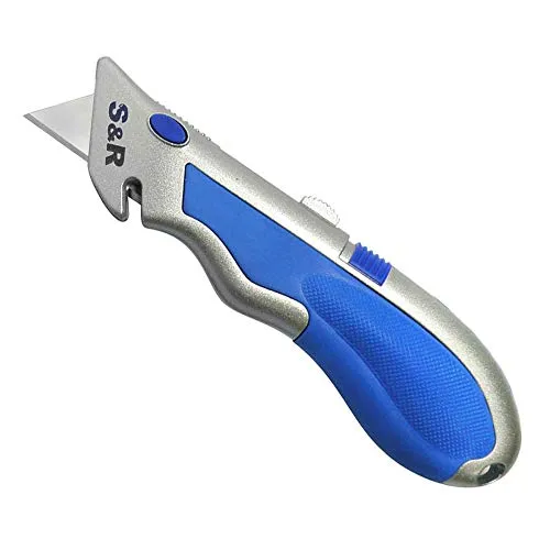 S&R Schnellwechssel - Profi - Teppichmesser/Cuttermesser 165mm, SK5 Klinge 3-stufig, Wechsel per Knopfdruck, 4 Klingen