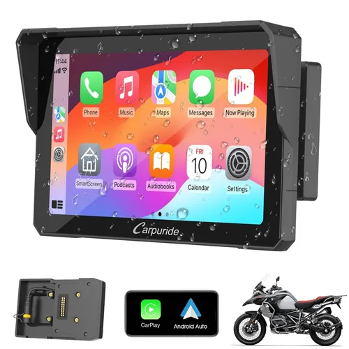 Carpuride W702B Motorrad GPS mit 7" Touchscreen - Motorradnavigation mit kabellosem CarPlay und Android Auto, IP67 wasserdicht und ideal für BMW Motorräder - sicher und komfortabel navigieren.